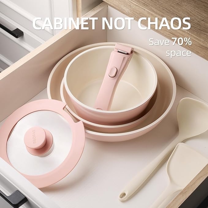 8PCS Ceramic CookwareNonstick Ceramic Pan Removable Handle Pots and Pans Set Stackable Pan Set Nonstick Pots and Pans Set Non Stick pot(Pink)