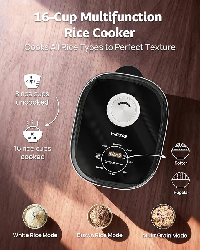 YOKEKON Rice Cooker Stainless Steel Inner Pot PFAS-Free Dishwasher Safe Low Carb &amp Low Sugar Large Rice Cookers 8 Cup with Steamer Basket 24H Delay Timer and Auto Keep Warm FeatureBlack