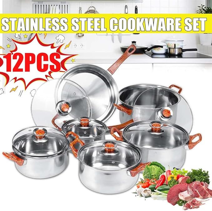 Stainless Steel Pots and Pans Set Kitchen Utensils Set with Soup Pot Pan Frying Pan with Lid 12 Pieces