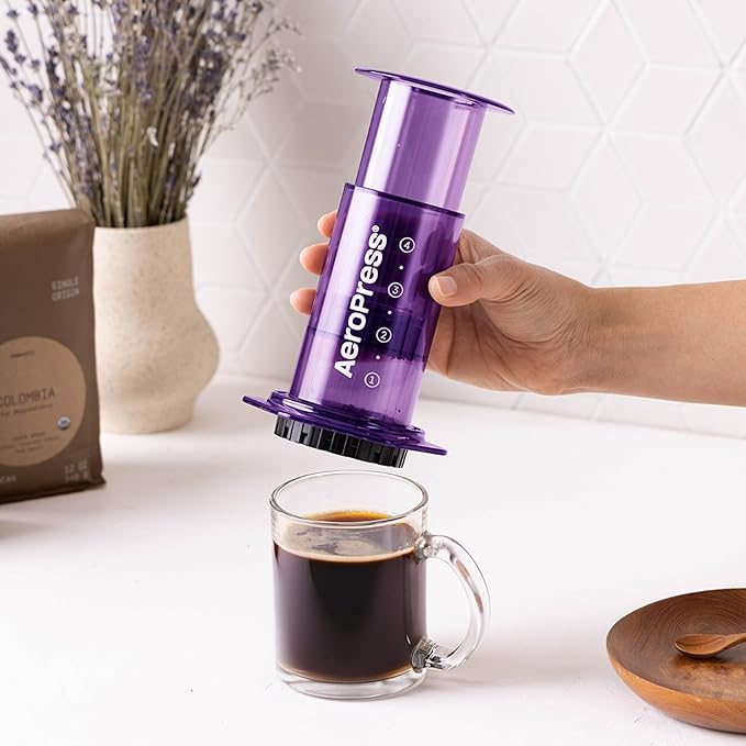 AeroPress Clear Purple Coffee Press - All-in-One French Press Pour-Over &amp Espresso Style Manual Brewer 2 Min Brew for Less Bitterness More Flavor Small Portable Coffee Maker Travel &amp Camp