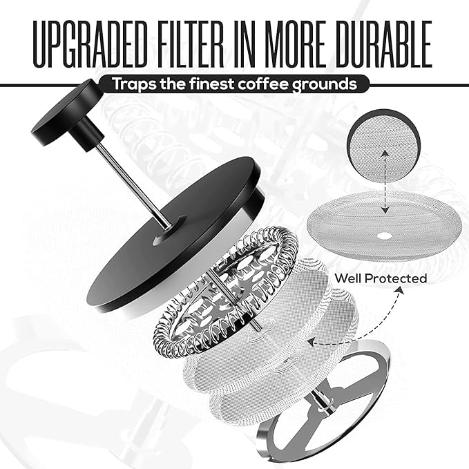 French Press Coffee MakerStainless Steel Double Wall Insulated Coffee Press 34 oz4-8 Cups Portable Hot Cold Brew Teapot Cafetera for Coffee Bar Accessories Kitchen Camping (Black34oz)