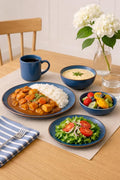 Blue Stoneware Dinnerware Set – Includes Dinner Plates Salad Plates Bowls &amp Coffee Mugs – Modern Rustic Ceramic Dish Set – Microwave Dishwasher Safe – Elegant Speckled Matte Finish (party of 2)