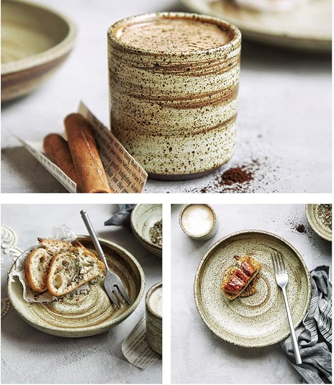 Ceramics Dinnerware Set Retro 26 Pieces Plate and Bowls SetsStoneware Matte Porcelain Dinner Set for Special Restaurant and Hotel