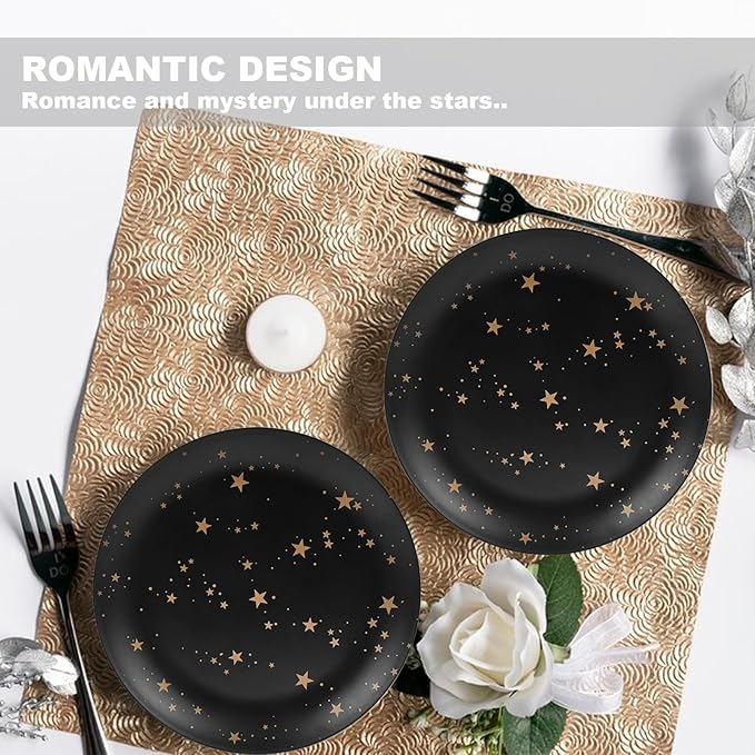 Black Melamine Dinnerware Sets - 12pcs Plates and Bowls Sets Unbreakable Camping Dishes Set for 4 Indoor and Outdoor Use Non-breakable Dinner Set - Star