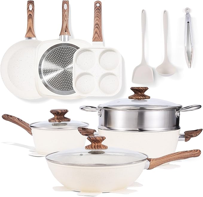 EDX 17-Piece Nonstick Cookware Set Kitchen Pots and Pans with Stay-Cool Handles Non-toxic Cooking Set (Beige)
