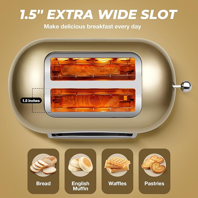 Roter Mond 2 Slice Toaster Smart Touch Screen Retro Stainless Steel Bread Toaster with Digital Timer Sleep Mode Bagel Cancel and Defrost Functions 6 Bread Types and Shade Settings Gold