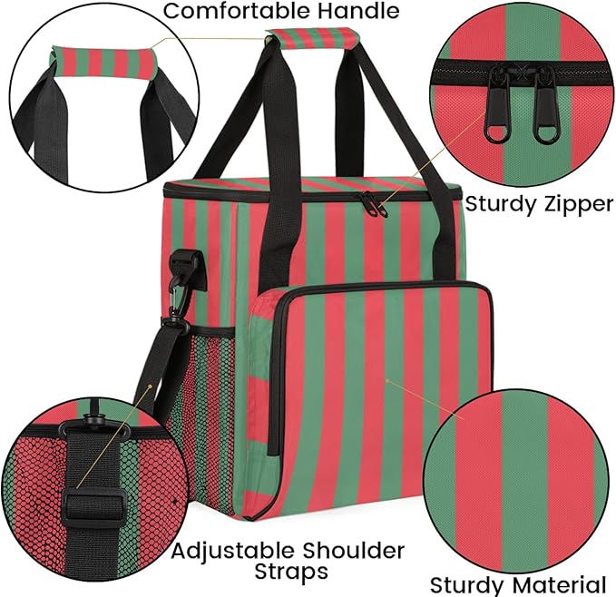 Red and Green Stripes Travel Coffee Maker Carrying Bag Large Organizer Storage Tote Bag Insulated Reusable Cooler Grocery Bags
