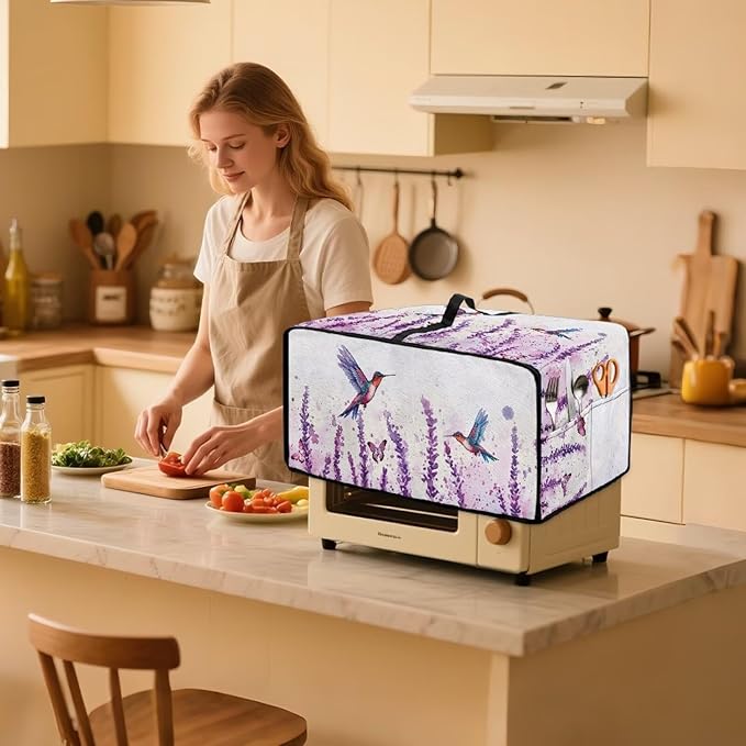 Lavender Hummingbirds Dustproof Toaster Cover with Side Pocket – Fits Most Standard Toasters Microwave Cover &amp Small Appliance Protector Cute Kitchen Decor Gift - S