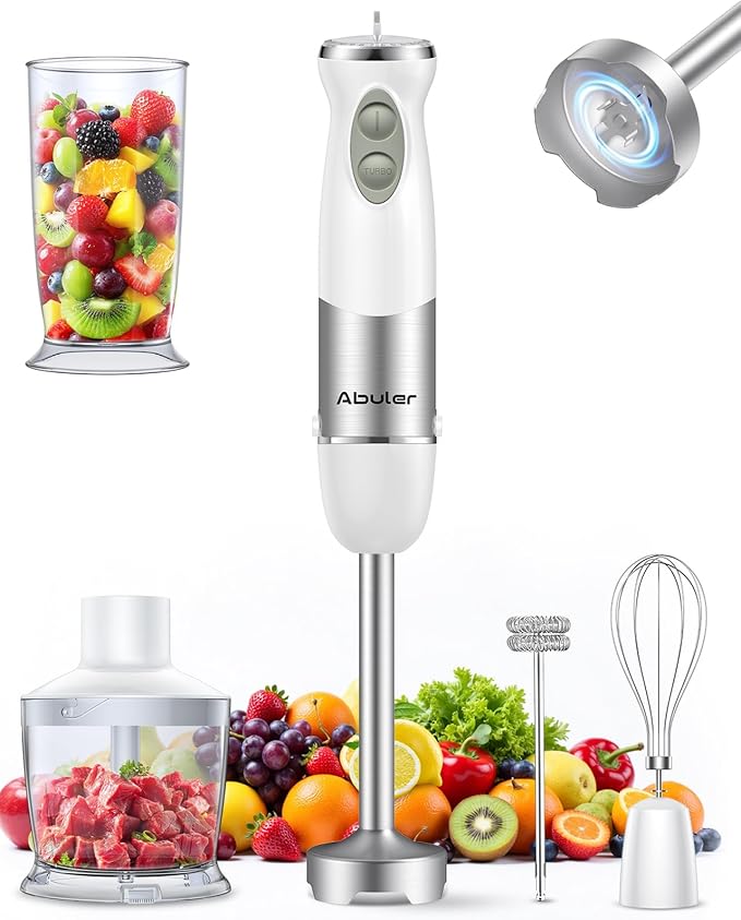 Immersion Blender Handheld 1000W 5 in 1 Corded Stick Hand Blender Kitchen with 12 Speed BPA-Free Mixing Beaker Chopper Whisk Milk Frother Perfect Emulsifier for Soup Baby Food Sauce Puree
