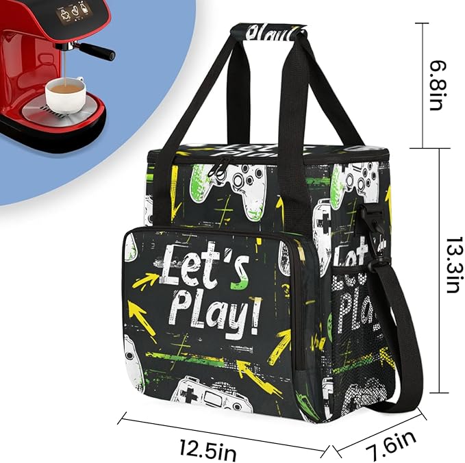 Gaming Theme Coffee Maker Travel Bag for Keurig K-Mini/K-Mini Plus Insulated Waterproof Tote with Pockets for K-Cup Portable Single-Serve Brewer Case