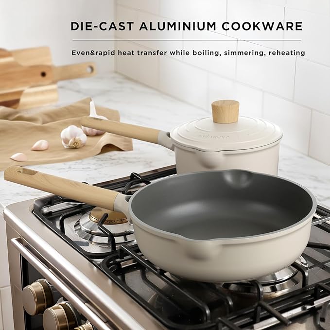8Pcs Pots and Pans set Nonstick Cookware set Die-cast Aluminum cookware Kitchen Induction Pots and Pans cooking set Lid design PFOA-free Cream (ivory 8Pcs)