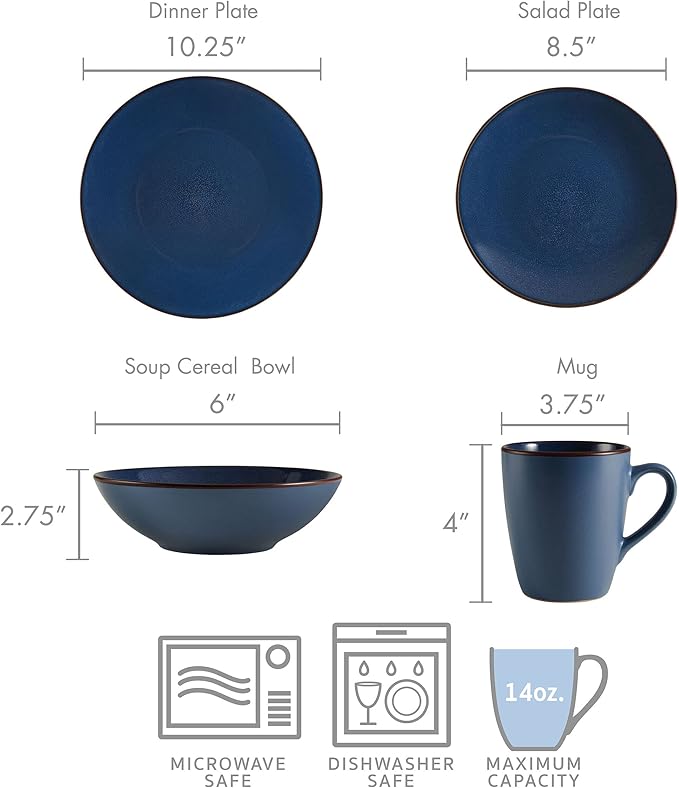 Pfaltzgraff Pierce Blue 16-Piece Dinnerware Set - Durable Stoneware Service for 4 with Unique Reactive Glaze - Includes Plates Bowls Mugs - Dishwasher Safe &amp Microwave Safe for Everyday Dining