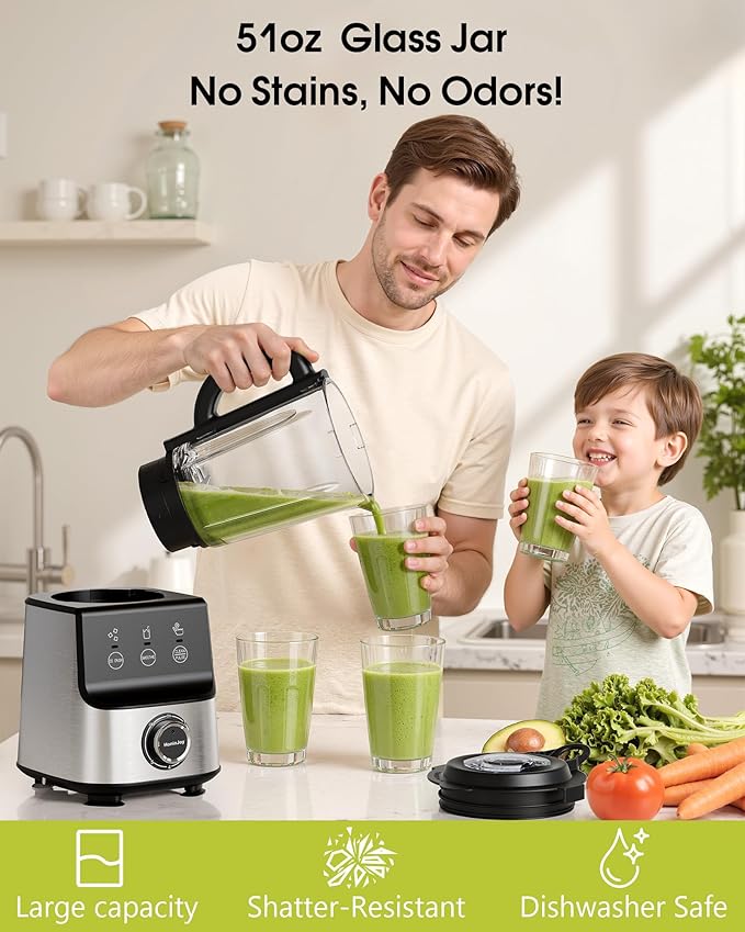 Countertop Blenders for Kitchen 1400W Professional Blender for Smoothies 3 Functions with 5 Speeds Smoothie Blender with 51-oz Glass Jar Grinder &amp Portable Cup Combo Self-Cleaning
