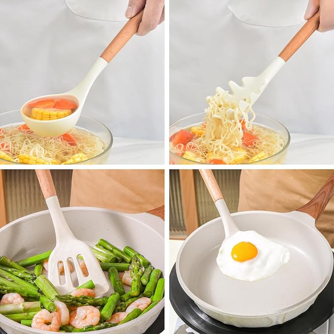 Kitchen Cooking Utensils Set 6Pcs Non-Stick Silicone Kitchen Utensils Spatula Spoon Turner Ladle Pasta Server Heat Resistant Wooden Handle Silicone Cooking Gadgets Sets for Cookware &amp Baking