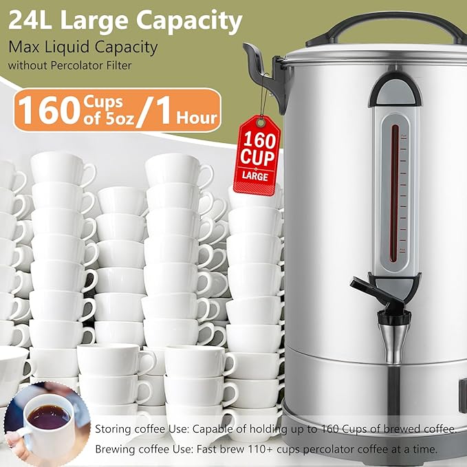 Commercial Coffee Urn 160 Cups Hot Beverage Dispenser 24L Large Coffee Urn Stainless Steel Coffee Maker Dual Layers for Coffee Break Business Catering Church Restaurant