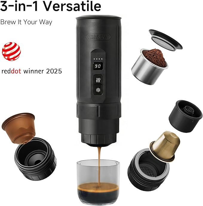 HIBREW H4C Explorer - Portable Electric Espresso Maker USB-C Rechargeable for Coffee Pods &amp Ground Coffee Compact for Home and Travel with Foldable Holder &amp Carrying Case (Black)