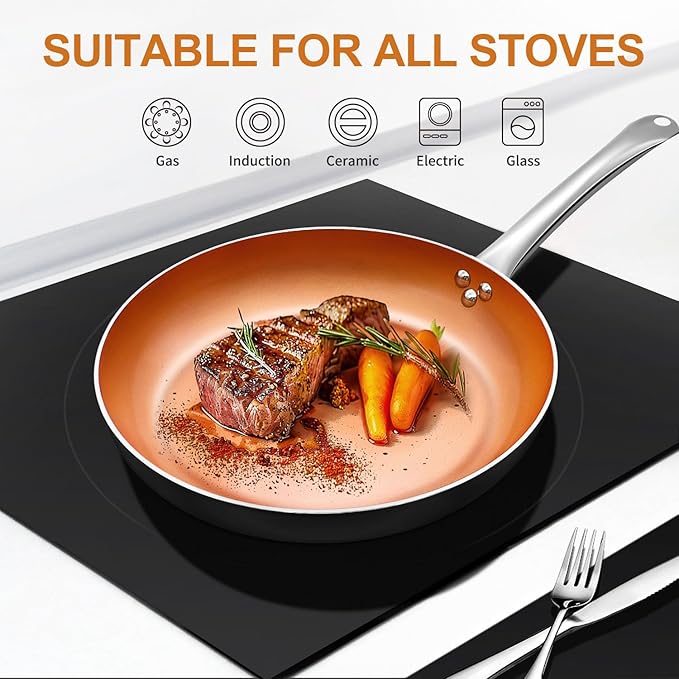 KOCH SYSTEME CS 8+11 Copper Ceramic Frying Pan Set Nonstick Oven Safe Cooper Cookware Set Induction Frying Pan Sets with Lids Aluminum Pan for Effortless Cooking All Stoves Compatible