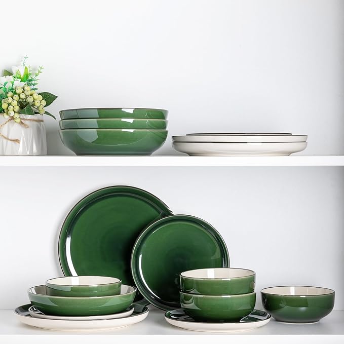 GBHOME Ceramic Dinnerware Sets with Pasta Bowl 16 pcs Stoneware Dinnerware Set Plates and Bowls Sets Dishwasher &amp Microwave Safe Dishes Set | Service for 4