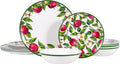 Melamine Dinnerware Set for 4 Apple Plates and Bowls Set 12pcs Melamine Dish Set with Green Edge Elegant Kitchen Dishes Lightweight Tableware for Picnic Camping RV Dishwasher Safe