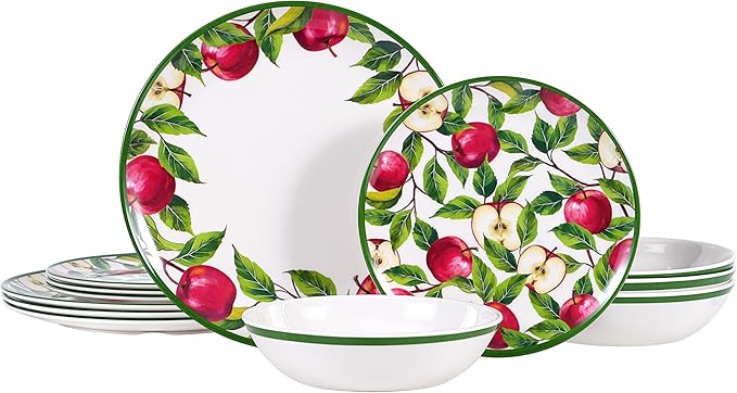 Melamine Dinnerware Set for 4 Apple Plates and Bowls Set 12pcs Melamine Dish Set with Green Edge Elegant Kitchen Dishes Lightweight Tableware for Picnic Camping RV Dishwasher Safe