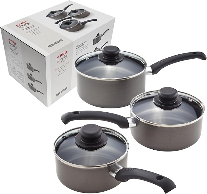 Judge Everyday 3 Piece Cookware Set Non Stick Pot Set 3-Pieces 16cm 18cm 20cm Saucepans Aluminium Pots with Heat Resistant Handles Not Suitable for Induction Hobs Compatible with All Other Hobs