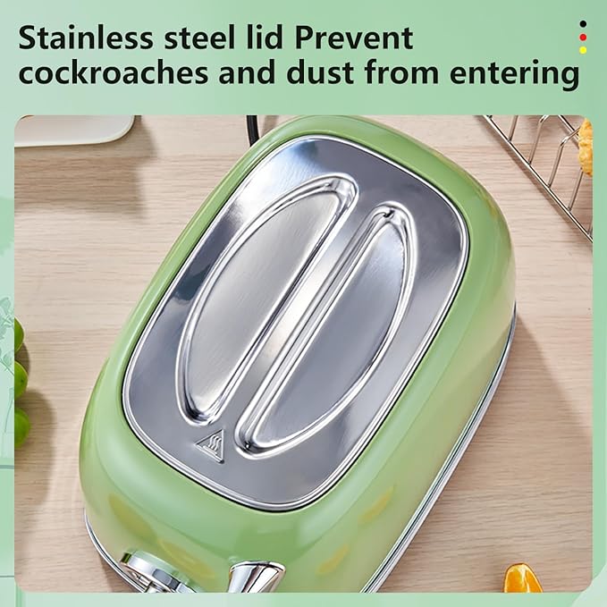 Green Cute Retro Toaster 2 Slice with 1.58 Wide Slots with Stainless Steel Lid with Warming Rack Preheat Defrost Countdown Timer Display