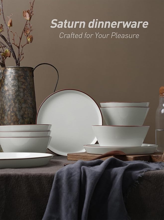 Famiware Saturn Dinnerware Sets Speckled Plates and Bowls Sets for 4 12 Pieces Stoneware Dish Set - Chip and Scratch Resistant Microwave and Dishwasher Safe Tableware Set White with Rim