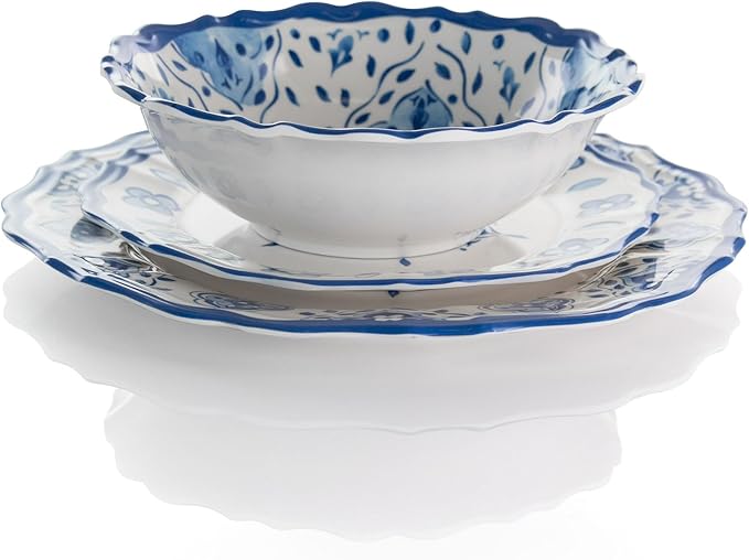 12 Piece Blue Floral Melamine Dinnerware Set – Lightweight Chip Resistant Plates and Bowls with Scalloped Design