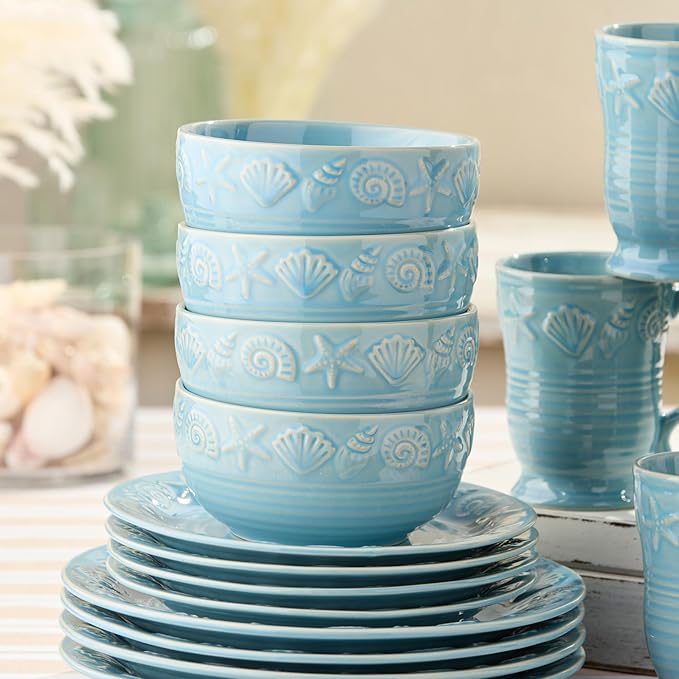 Coastline Blue 16-Piece Stoneware DINNERWARE SETSERVICE for 4with embossed coastal shells and starfish durable sea-blue tableware for relaxed coastal living everyday meals