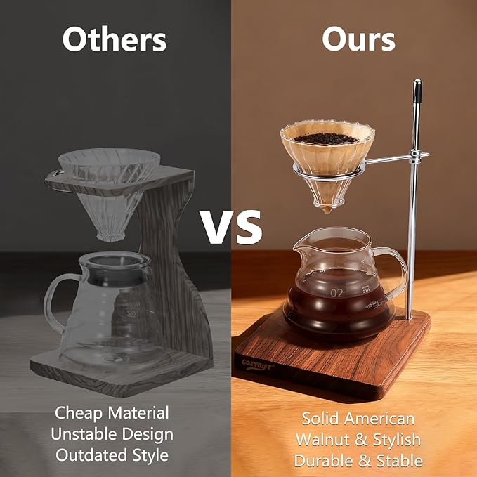 Solid North American Walnut Pour Over Coffee Stand - Adjustable Height Dripper Holder with 304 Stainless Steel Arm - Compatible with Hario V60 01 02 &amp Cone Brewers - Heavy Non-Slip Base (Stand Onl