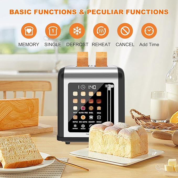 2 Slice Toaster Touch Screen Stainless Steel Toasters Digital Timer 2 Slot Toasters 8 Shade Settings 6 Bread Types for Bagel Cancel Defrost (Black)