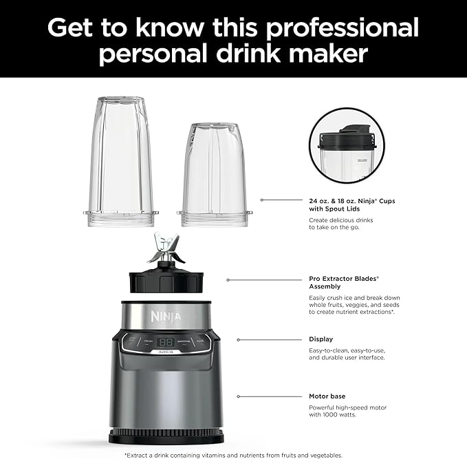 Ninja BN400 Nutri Pro Compact Personal Blender Auto-iQ Technology 1000-Watts for Frozen Drinks Smoothies Sauces &amp More with 18-oz. &amp 24-oz. To-Go Cups &amp Spout Lids Stone Silver (Ren