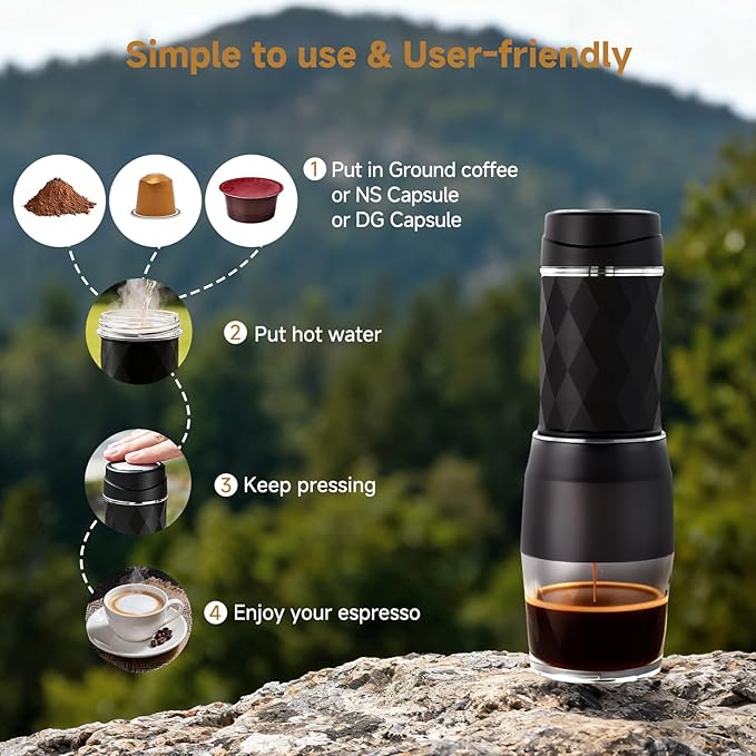 Portable Coffee Maker Lightweight Manual Portable Espresso Machine with 13-18 Bar Pressure Fit for Office Camping Travel Black