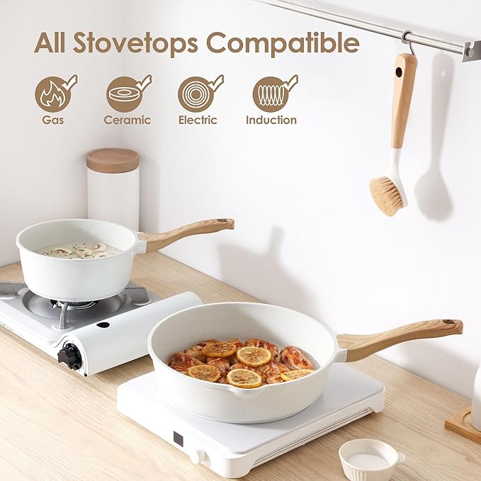 SENSARTE 17 Pcs Nonstick Detachable Handle Cookware Set 16 Pcs Nonstick Ceramic Pots and Pans Set w/Frying Pans Set Saucepans Set