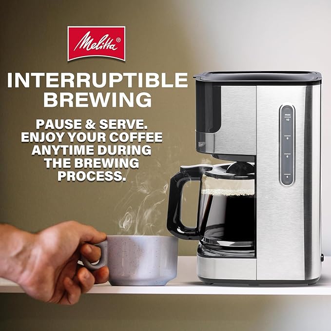 Melitta Aroma Tocco Glass 10-Cup Drip Coffee Maker Automatic and Programmable 96oz Capacity with 5-Pack Coffee Filters | Black
