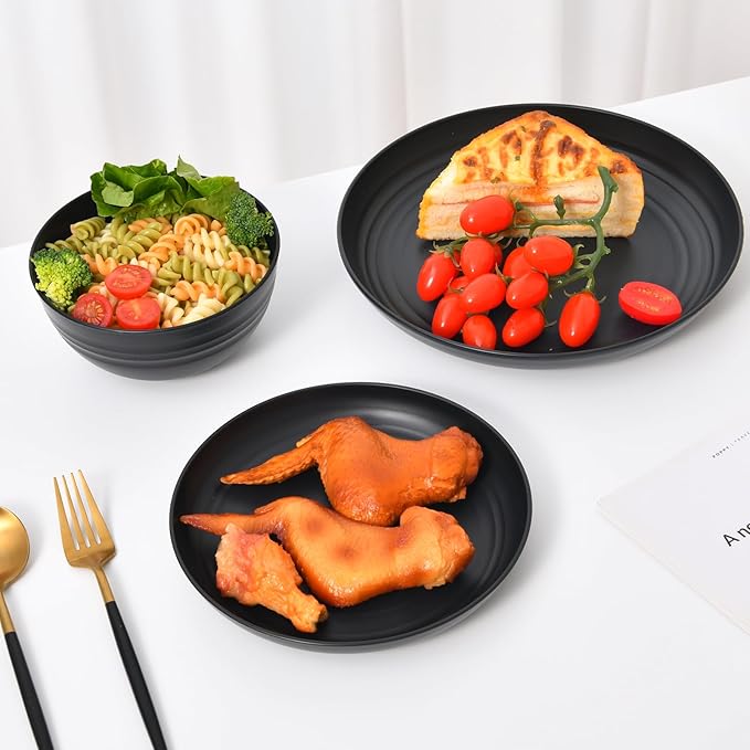32 Piece Wheat Straw Dinnerware Set - Black Plates and Bowls for 8 Unbreakable Dishwasher &amp Microwave Safe Reusable Lightweight Tableware Ideal for Camping and Everyday Use