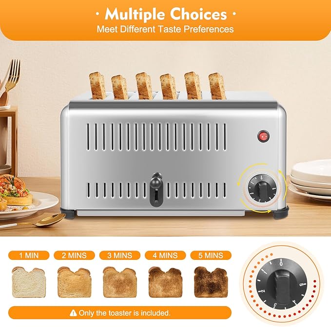6 Slice Stainless Steel Toaster 1680W High-power Commercial Conveyor Toaster with 1-5mins Timer 1.1 Widen Slot Pull-out Crumb Tray Food Bread Baking Machine for Sandwiches Meatloaf Bagel