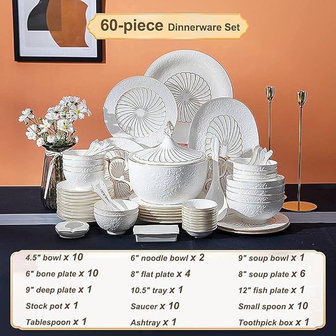 Ceramics Dinner Set Kitchen and Dining Service Durable Kitchen Dinnerware Set Dinner Salad Appitizer Dessert Plate Bowls Best for Indoor and Outdoor Party Creativity Villa Table Decor (White 60Pcs)