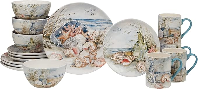 Coastal Landscape 16 Piece Ceramic Dinnerware Set – Service for 4 with Beach-Themed Dinner Plates Salad Plates Bowls &amp Mugs – Ocean-Inspired Tableware for Everyday or Coastal Entertaining