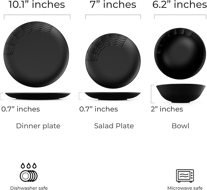 Nomnu Spiderweb Dinnerware Set (12 Pieces) - 4 Dinner Plates 4 Salad Plates 4 Bowls - Black Matte Porcelain Goth Dinnerware Set - Halloween Spooky Creepy Dishes Gothic Gifts