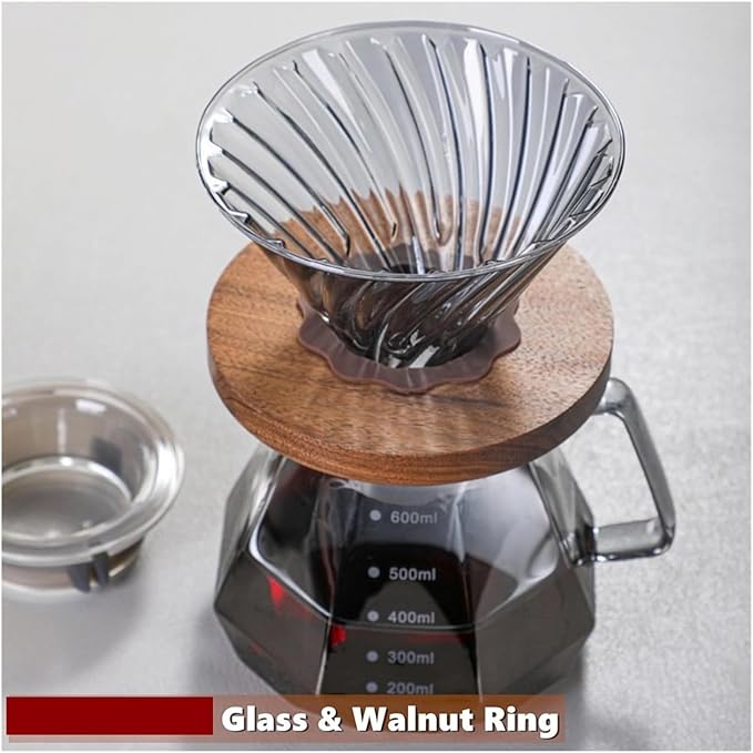 Fit forPour Over Coffee Maker with Walnut Handle &amp Glass Lid - 13.5/20 OZ Glass Coffee Pot for Home Café Restaurant and Camping(400ml)