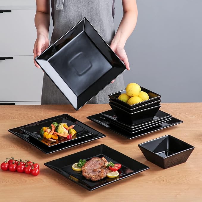 DOMINI 12-Piece Square Dinnerware Set Service for 4 Porcelain Dishes Dinner Square-Black