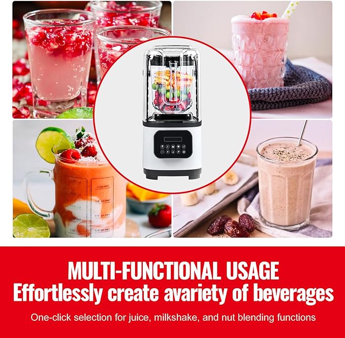 Happybuy Professional Blender with Shield Commercial Countertop Blender 68oz Plastic Jar Stainless Steel 9 Speed &amp 5 Functions for Shakes Smoothies Puree &amp Ice Crushing White