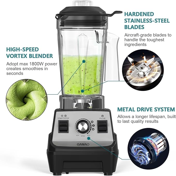 OMMO Blender 1800W Professional High Speed Countertop Blender with Stainless Steel Blades 60oz BPA Free Jar for Shakes and Smoothies Ice and Fruits Dishwasher Safe