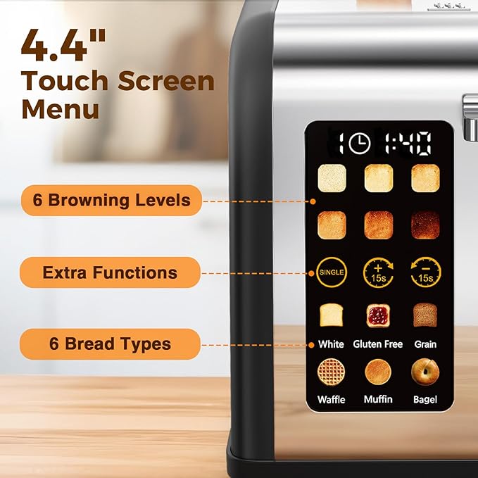 2 Slice Easy Touch Screen Toaster Stainless Steel Toaster with Wide Slots Even Toasting for Bagels &amp Bread Reheat &amp Defrost Removable Crumb Tray Matt Black