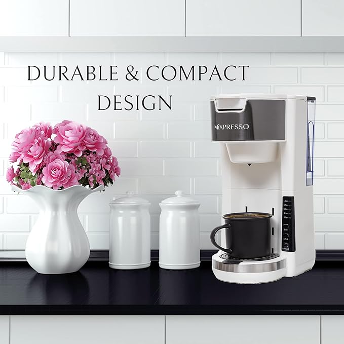 Mixpresso White Single Serve Coffee Brewer K-Cup Pods Compatible &amp Ground 30 oz Compact Coffee Maker Single Serve With 5 Brew Sizes Up To 14 Oz Fits Travel Mug Adjustable Drip Tray