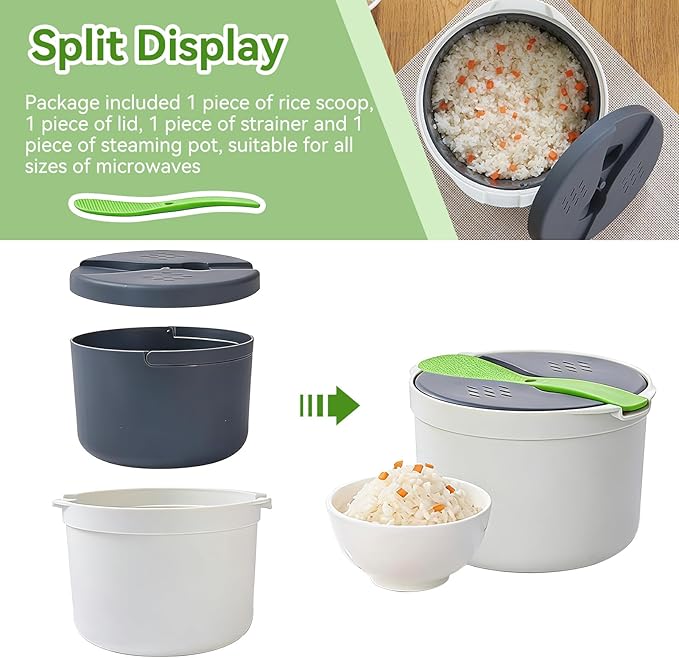 Microwave Rice Cooker Steamer 2L Microwave Rice Steamer Pasta Cooker with Strainer Non-stick Microwave Cookware Set for Rice Pasta Vegetables Quinoa Oatmeal