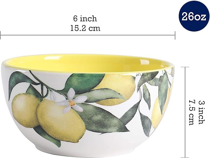 Bico Lemon Dreams Ceramic 16 pcs Dinnerware Set Service for 4 Inclusive of 11 inch Dinner Plates 8.75 inch Salad Plates 26oz Cereal Bowls and Mugs for Party Microwave &amp Dishwasher Safe