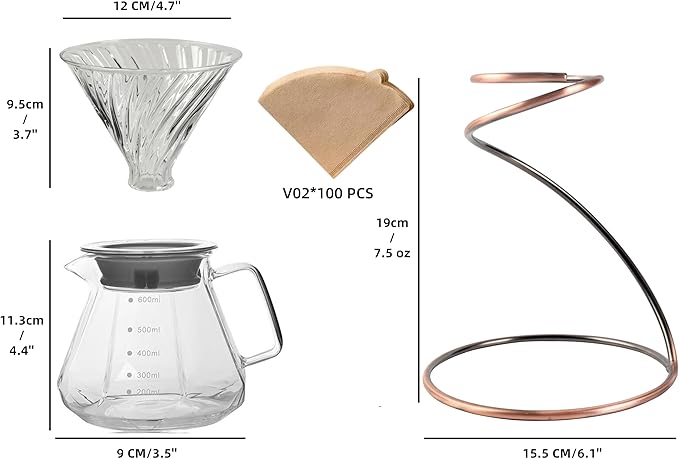 Pour Over Coffee Maker Set20oz/600ml Pour Over Coffee Dripper &amp Glass LidMetal Dripper Stand and 100 Count Paper Coffee Filters4 in 1 Set for Home or Office lucency
