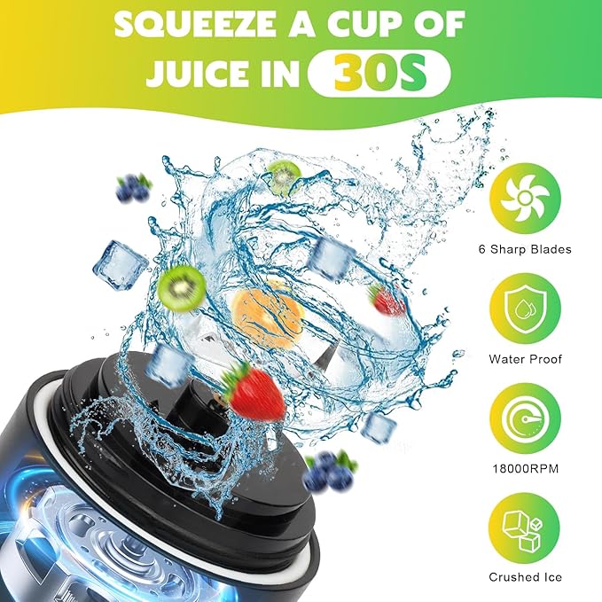 Portable Blender Personal Juicer for Shakes and Smoothies - 20 OZ Electric Protein Shaker Bottle with Insulated Sleeve Travel Lid USB-C Rechargeable - Mini Small Blender Cup for Kitchen Office Gym
